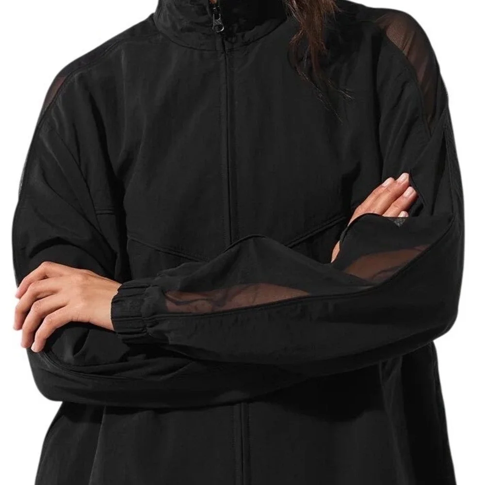 Alo Yoga‎ Black Mesh Panel Track Jacket Full Zip Athletic Lightweight Xs S